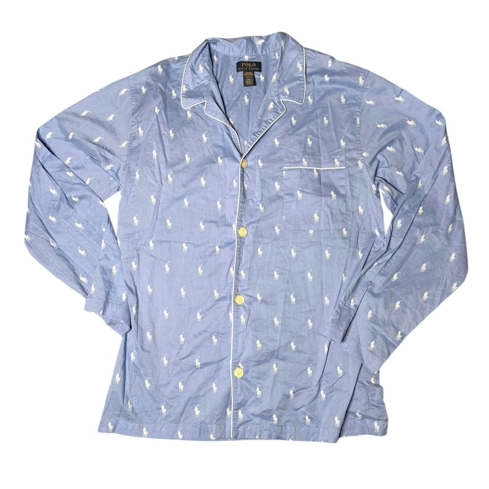 Polo Ralph Lauren Blue Long Sleeve Shirt White Polo Logo Pattern sleep M‎